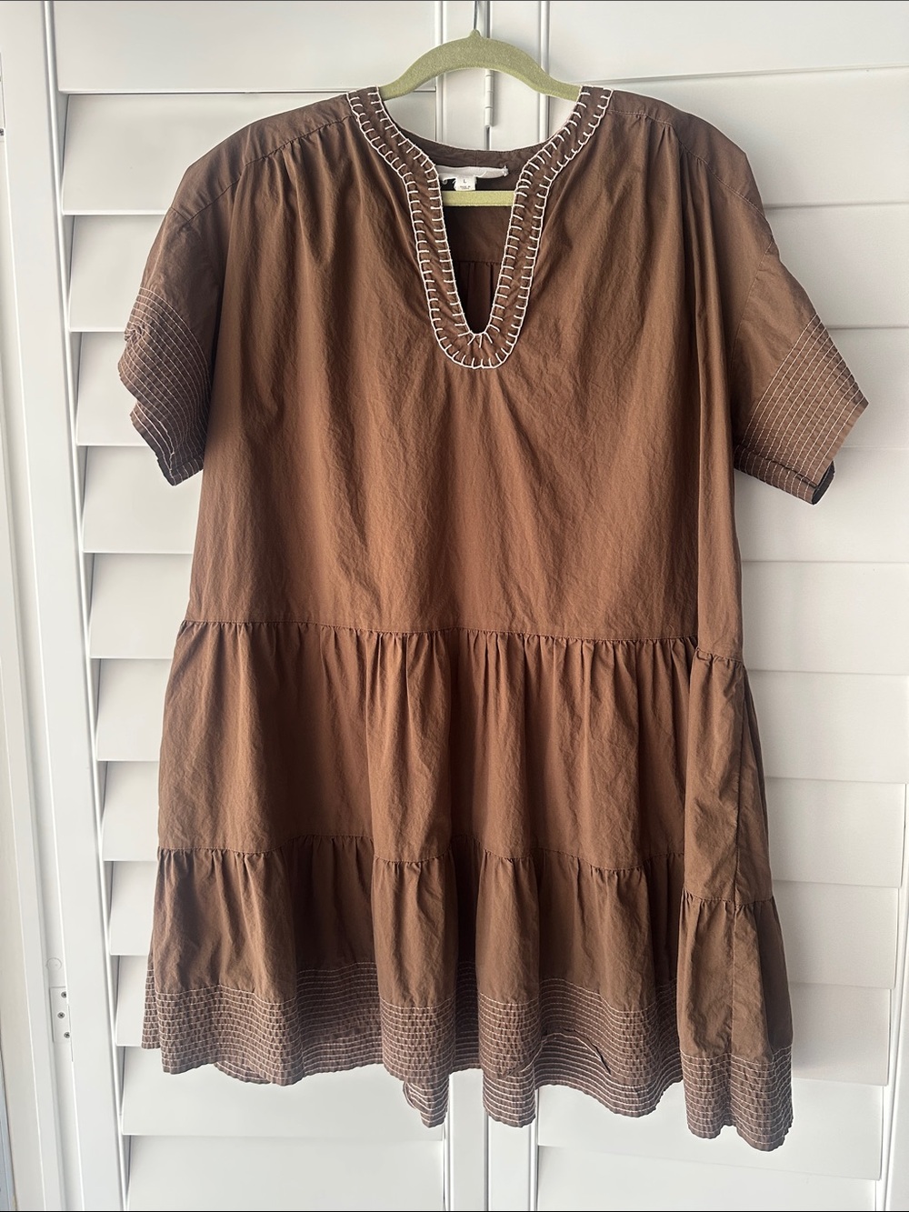 Pomander Place Brown Tiered Mini Dress with Contrast Stitching